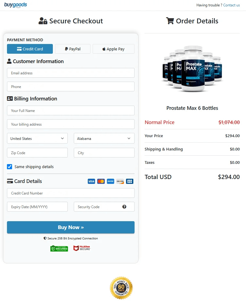 Prostate Max™ checkout page